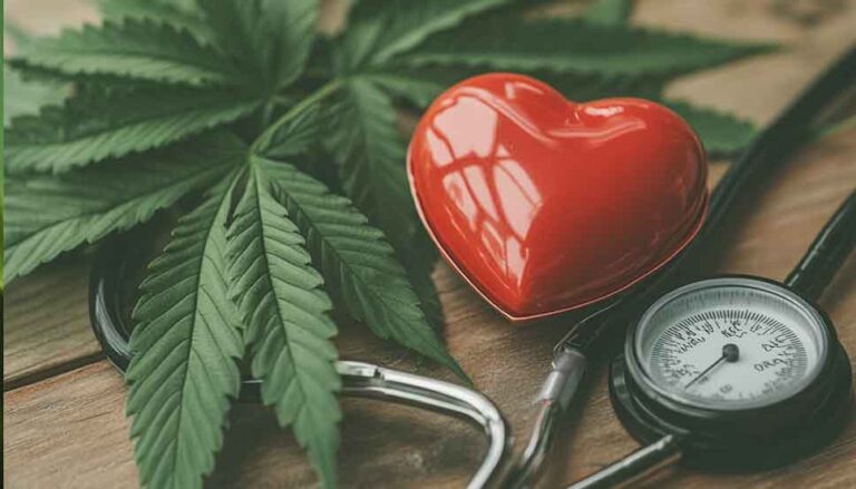 Medical illustration of cannabis and hypertension, featuring a cannabis leaf alongside a heart and blood pressure monitor.