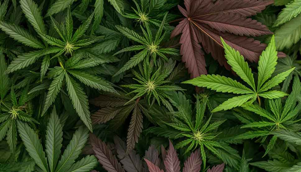 Close-up of Skunk vs Haze cannabis strains with vibrant leaves and unique colors illustrating how to get bigger buds on autoflowers