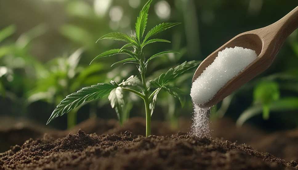 Baking Soda on Weeds: Greener Leaves and Bigger Harvests Healthy marijuana plants with baking soda sprinkled around the base, demonstrating the benefits of baking soda on weeds for nutrient uptake and pH balance