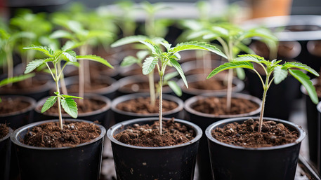 Healthy Cannabis Seedlings After Germination Young cannabis plants thriving after successful germination, ready to be transplanted into larger containers.