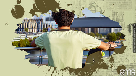 Skateboarder Mario observes the city of Cologne in Germany