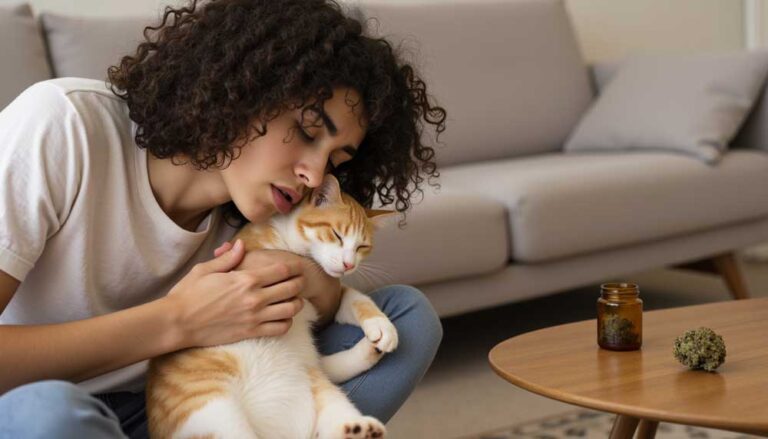 An emotional and informative image showing a cat exposed to cannabis, raising awareness about weed’s effects on pets and the importance of safe storage.