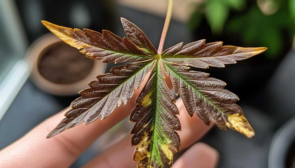 Cannabis leaf showing cannabis potassium deficiency with burnt edges and yellowing