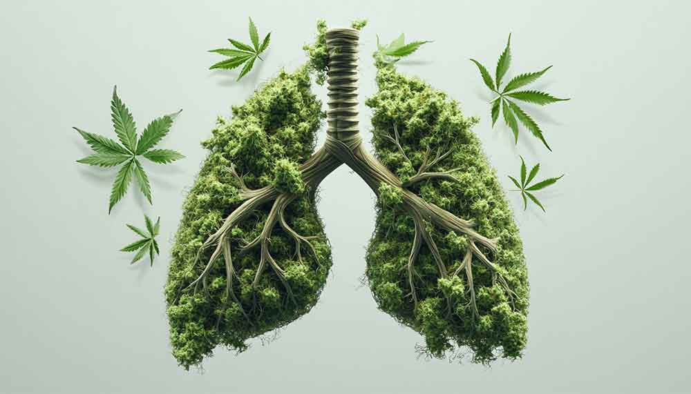 Stylized illustration showing lungs and brain inside a human silhouette with swirling smoke, representing the question: does coughing make you higher.