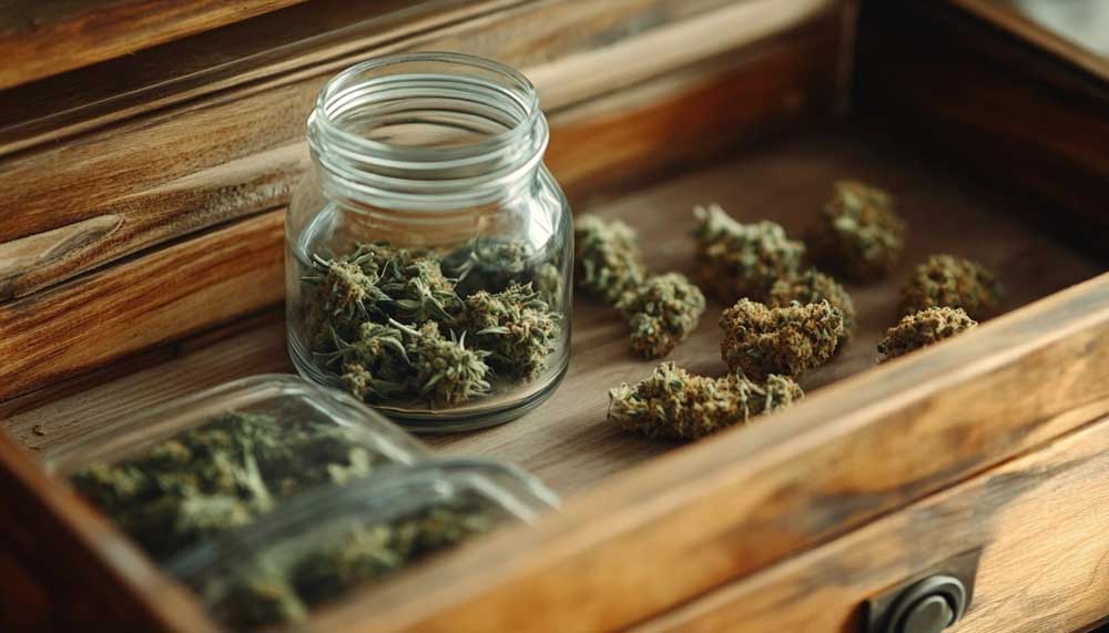 Drawer showing side-by-side comparison of cannabis: one side stored in a jar, the other exposed and degraded ā does weed expire visual example