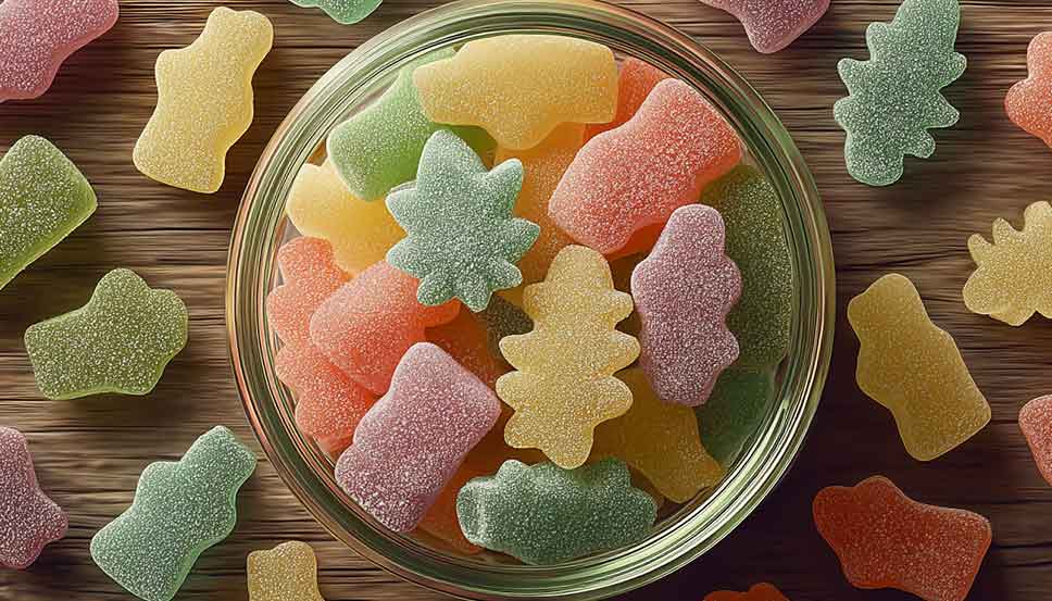 Colorful hemp gummies spilling from an open jar on a wooden table with fresh hemp leaves in the background