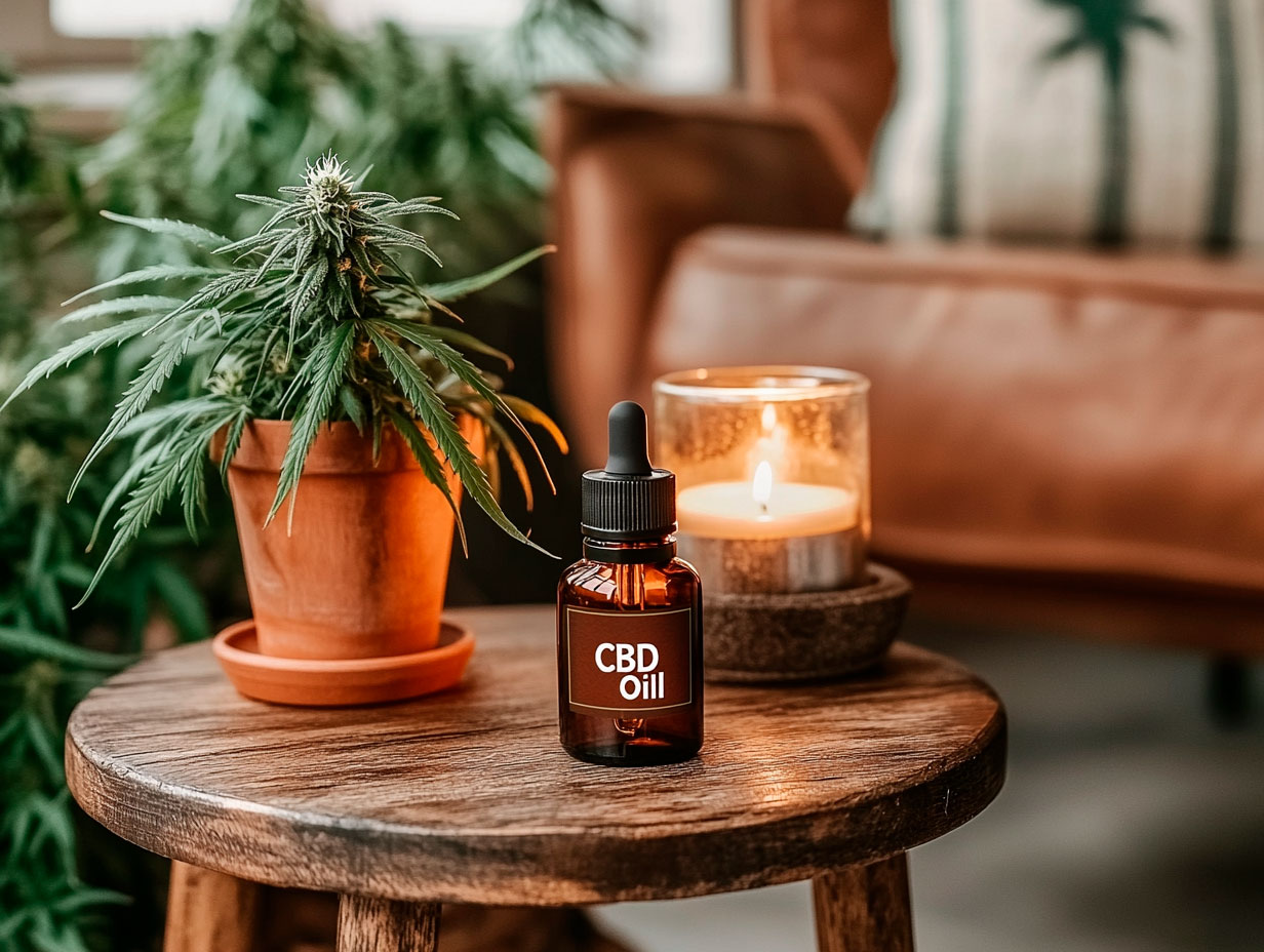Person applying a CBD-infused topical cream to their knee with a cannabis leaf in the background, highlighting the benefits of cannabis for pain relief.