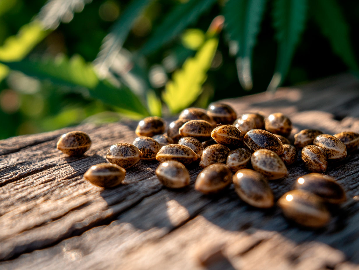 Macro shot of sativa seeds with a natural background, showing texture and quality before cultivation