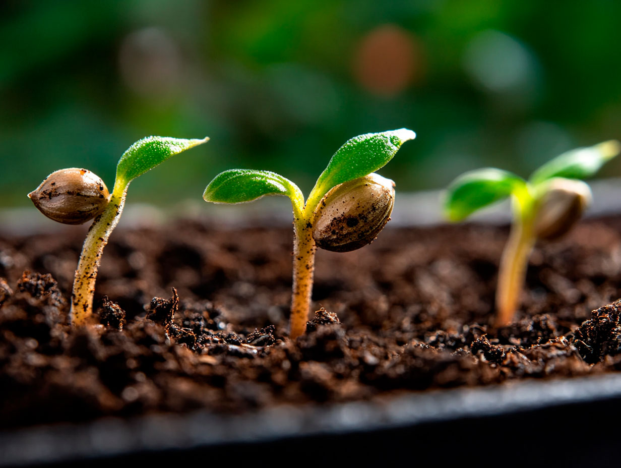Notebook labeled “grow log” alongside young cannabis plants, emphasizing seed bank origins
